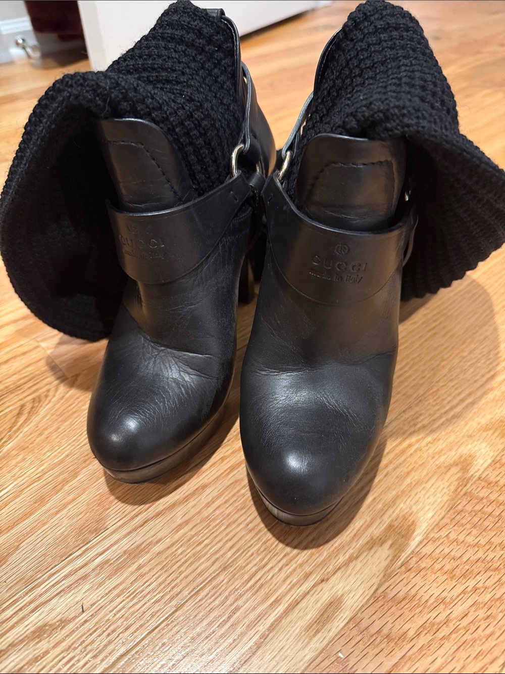 Gucci Black Leather Ankle Booties with Knit Cuff
